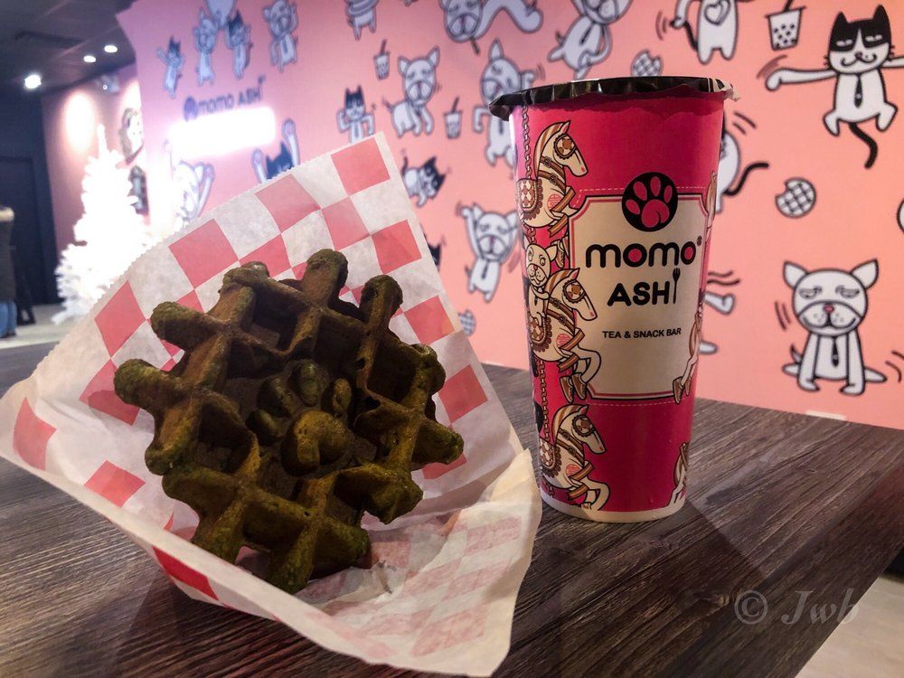 Matcha waffle and Momo Ashi cup